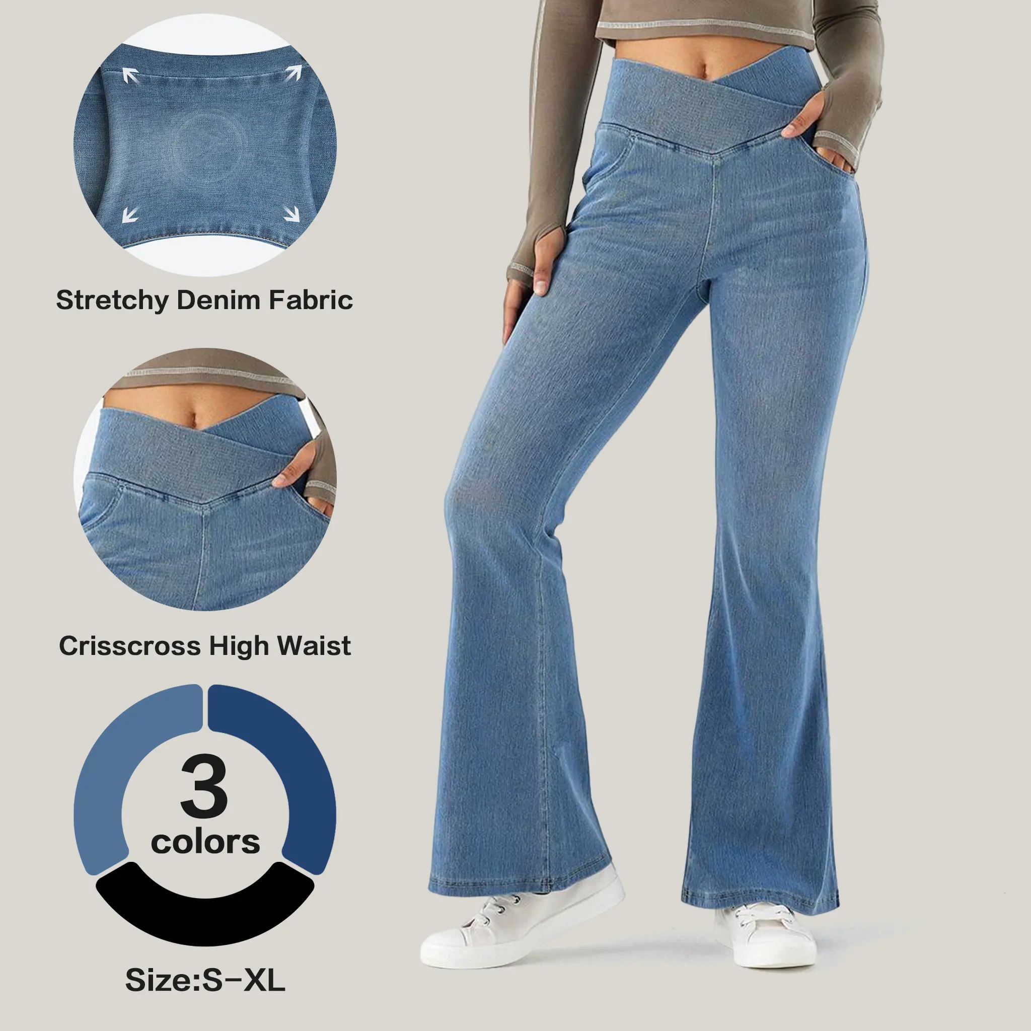 FISOEW Women's Crossover High-Waist Jeans, Curvy Fit Flared Bell Bottoms in Stretch Denim with Pockets for Everyday Wear, Suit, Stretch Jeans, Jean Pants