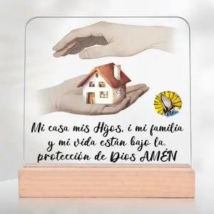 Spanish Christian God Bless Family Crystal Keepsake, Wooden Home Sign, Perfect Christmas Gift for Mom & Dad, Ideal for Home Decor & Special Occasions