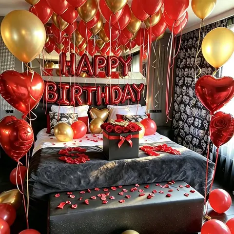 593pcs Festive Party Supplies Kit - Red & Gold Decorations with 500 Artificial Rose Petals, Letter Balloons, Latex Balloons for Women’s Bridal Parties, Birthday, Anniversary Events