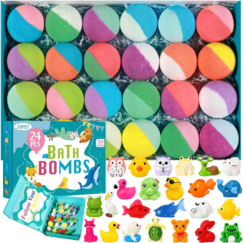 Bath Bombs for Kids with Surprise Inside, 24 Pack Kids Bath Bombs with Toys Inside Gift Set, Kid Bubble Bath Fizzy for Girls Boys with Bath Toys