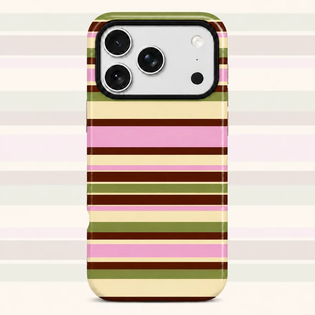 Retro Olive Pink Retro Stripe Pattern Phone Case | Wide muted horizontal bands in Olive Pink Cream and Brown for iPhone 17 16 15 14 13 12 11 Pro Max Plus Air, Glossy 2-in-1 Shockproof Case, for a Nostalgic Everyday Look