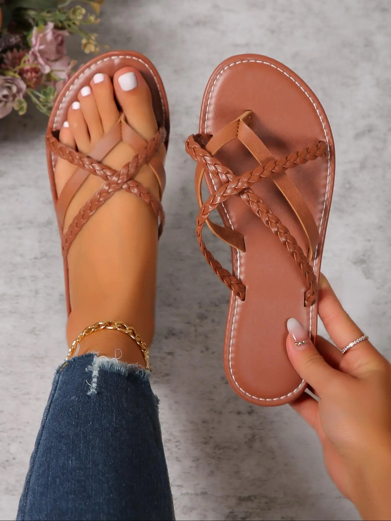 Fashionable Plain Criss Cross Braid Design Slip on Sandals for Women 2024, Summer Casual Summer Round Toe Flat Sandals, All-match Commuter Shoes for D