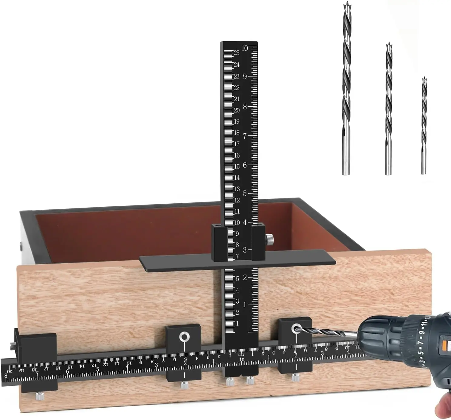 Aluminum Cabinet Hardware Jig&3pcs Point Drill Bit | For Handles Knobs Pulls on Drawer and Door, Wood Drilling Dowelling Guide Set. Cabinet Handle Jig