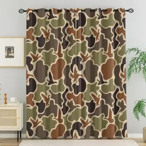 Military Camouflage Collection Printed Curtains, Earth Color Hunting Style Blackout Curtains for Military Enthusiasts Bedroom Living Room Decor, Durable Blackout Drape Fabric, Pack of 2, 2D Plain
