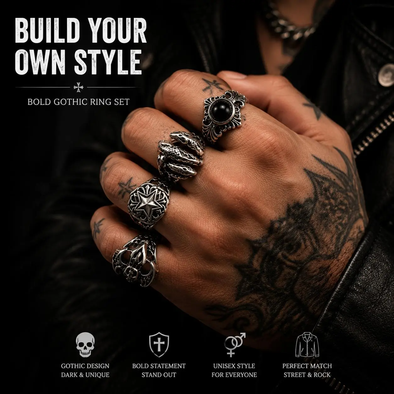 Build Your Own Style Bold Gothic Ring Set - Unique Designs for Personalized Fashion