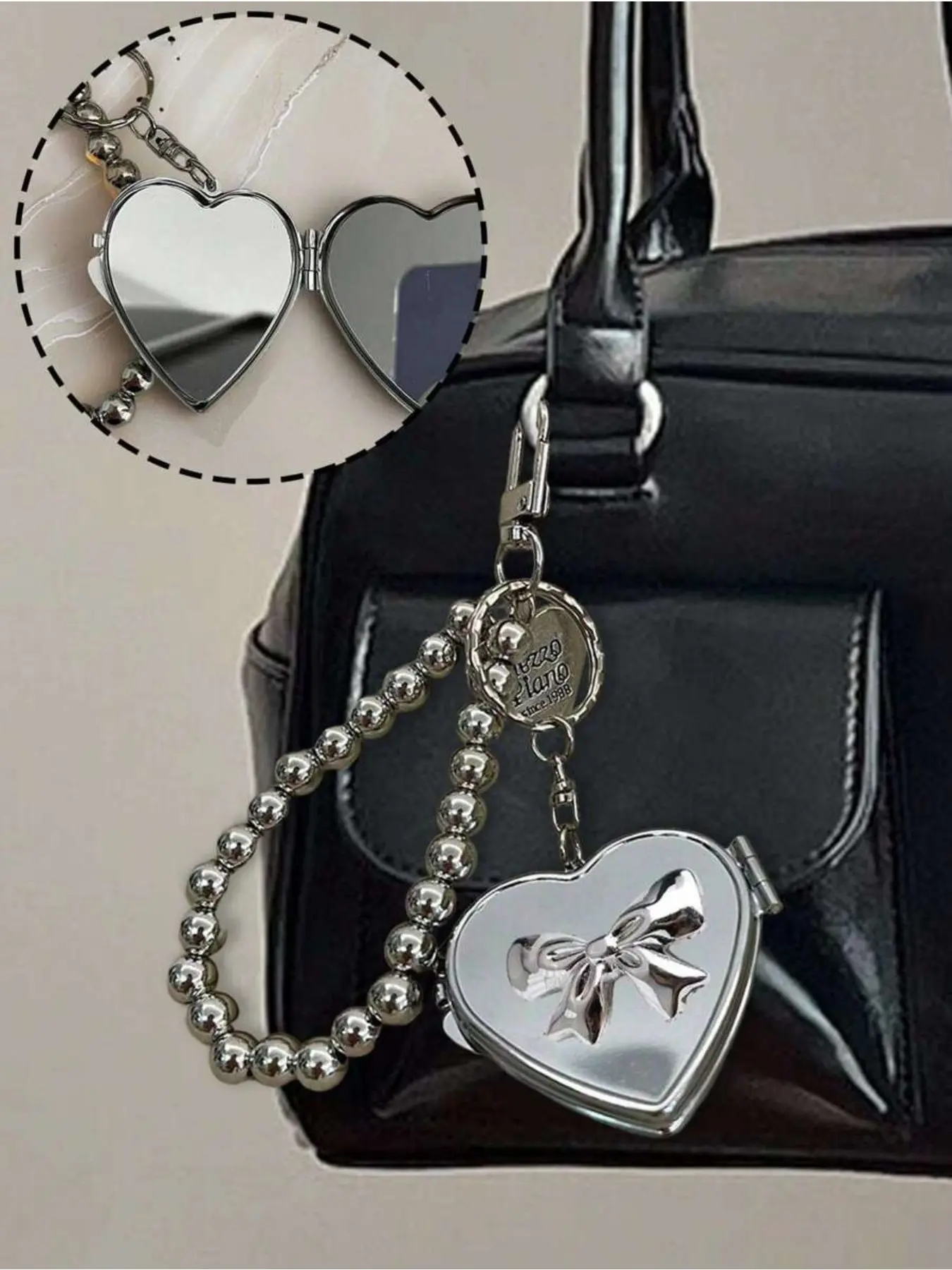 Electroplated Silver Bow Mirror Keychain, With Pearl Lanyard Heart Pendant, Silver Bow And Heart-Shaped Mirror, Retro Y2K Style Bag Charm Keychain, Fashion Accessory, Cute Multifunctional Keychain, Packaging Decoration Keychain, Small Gift