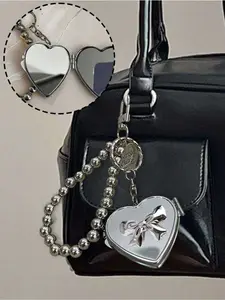 Electroplated Silver Bow Mirror Keychain, With Pearl Lanyard Heart Pendant, Silver Bow And Heart-Shaped Mirror, Retro Y2K Style Bag Charm Keychain, Fashion Accessory, Cute Multifunctional Keychain, Packaging Decoration Keychain, Small Gift