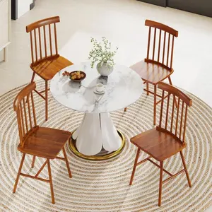 4-Piece Farmhouse Dining Chairs, Rubber Wood Frame Spindle Back Kitchen Chairs for Dining Room, Light Brown Indoor Furniture