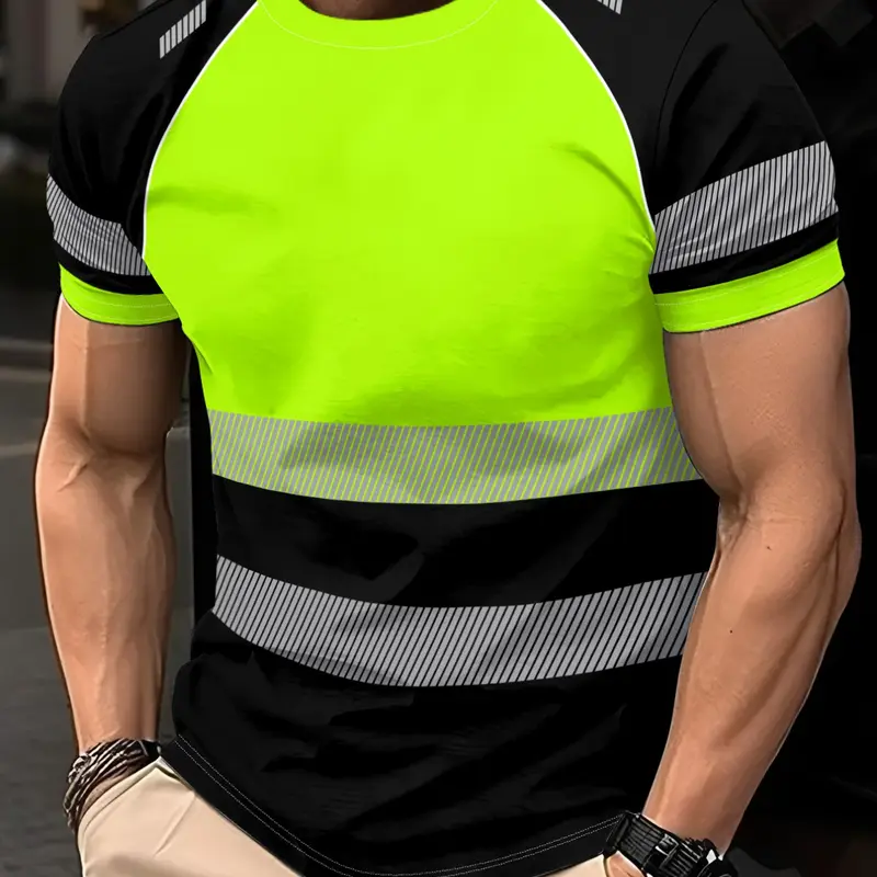Men's Casual Summer Workwear-Style Printed Reflectors Safety Black and Neon Green Round Neck Short-Sleeve T-shirt, Machine Washable, Lightweight and Breathable Durable Fabric Top