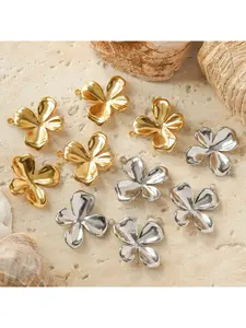 5 pieces of stainless steel four-leaf clover pendants - Korean-style fresh and minimalist 18K gold plated irregular small flower accessories with oil pressure processing