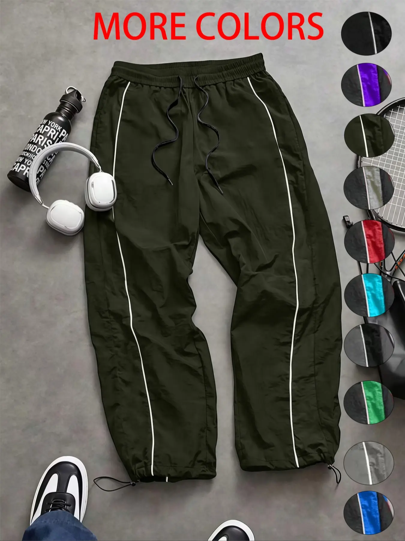 Men's Fashion Casual Athleisure Style Sports Pants, Nylon Fabric, Lightweight Comfort, Side Stripe Design, Loose Fit, Waist Drawstring, Adjustable Ankle Cuff, Sports Bottoms, Breathable Activewear Bottoms