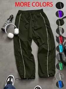 Men's Fashion Casual Sports Pants, Nylon Fabric, Lightweight Comfort, Side Stripe Design, Loose Fit, Waist Drawstring, Adjustable Ankle Cuff, Sports Bottoms