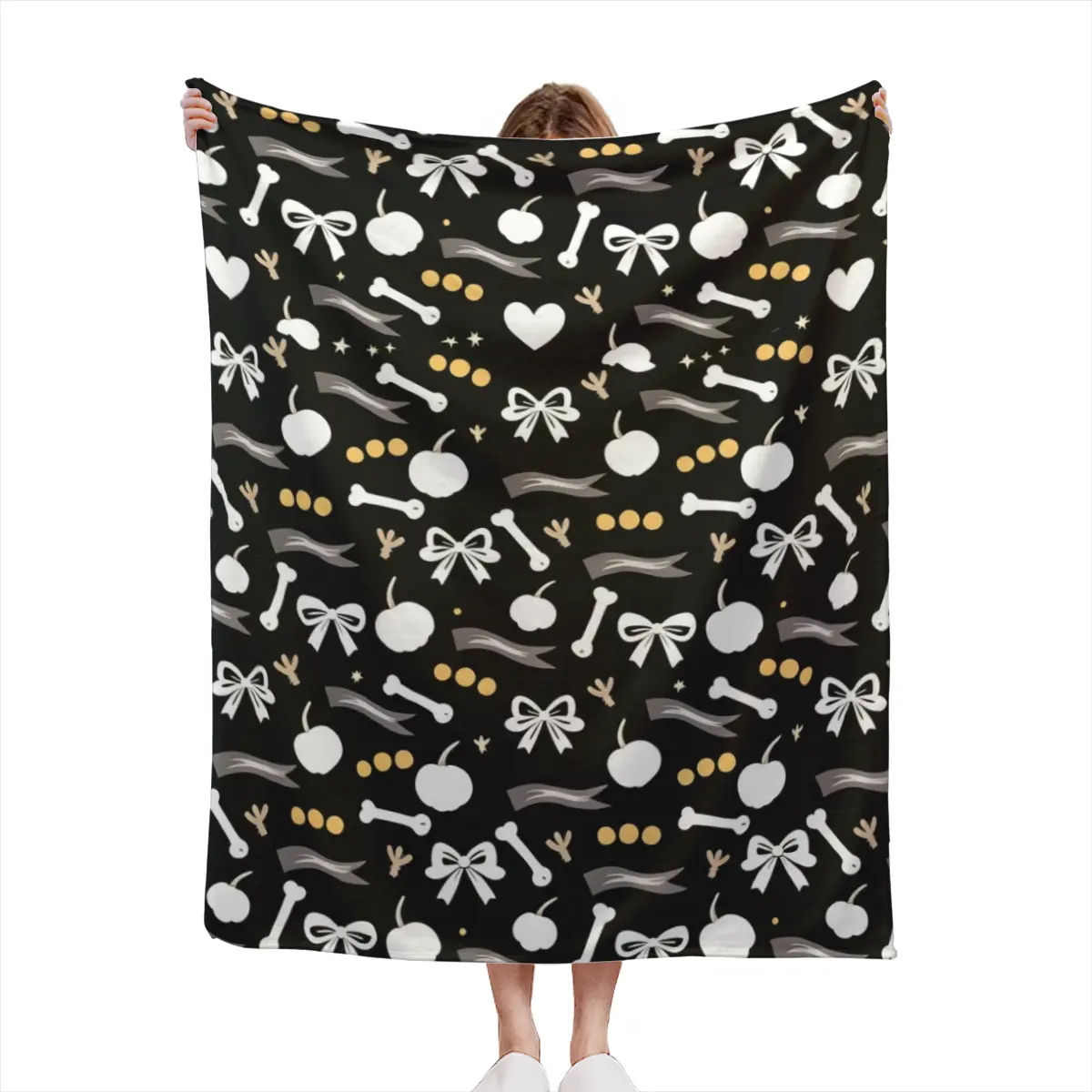 Black Bow Ribbon Print Throw Blanket, Coquette Girly Dark Style Flannel Blanket, Cute Aesthetic Sofa Decor Throw Blanket