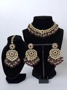 Bollywood Reha Stonework Necklace Set with Earrings and Tikka
