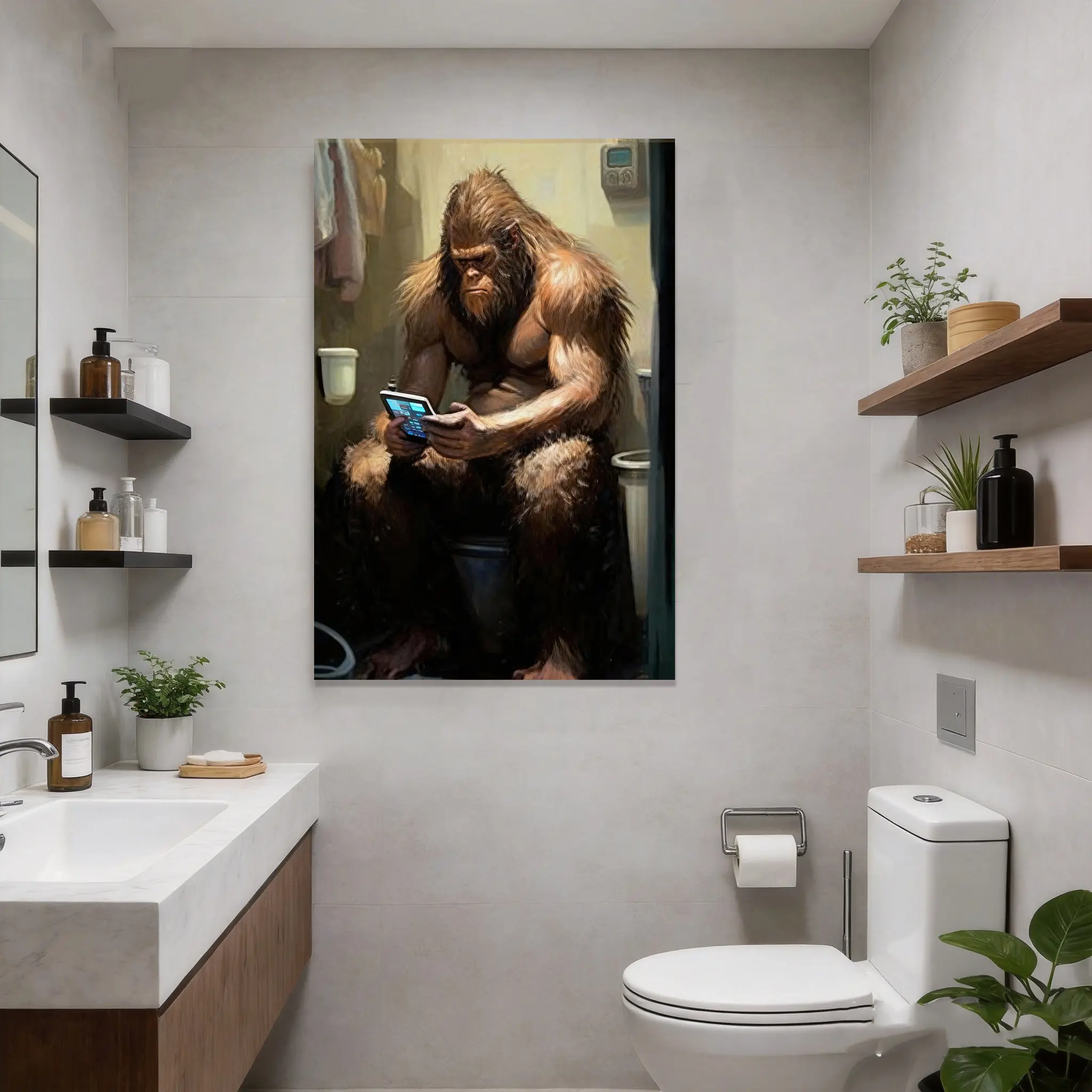 Sasquatch Reading Newspaper on Toilet Dinosaur-Themed Canvas Print, Artistic Modern Home Decoration Wall Art, Gift Ornaments for Living Room Bedroom Office Bathroom, Dinosaur Themed Design