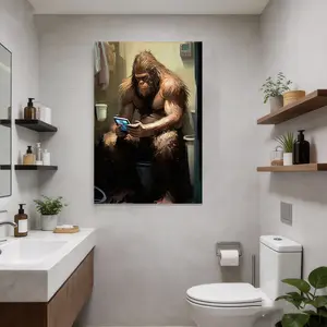 Sasquatch Reading Newspaper on Toilet Illustrations Dinosaur Themed Design HomeDecor WallArt LivingRoom Canvas for Bedroom Decor Canvas Posters Aesthetic Office Bathroom