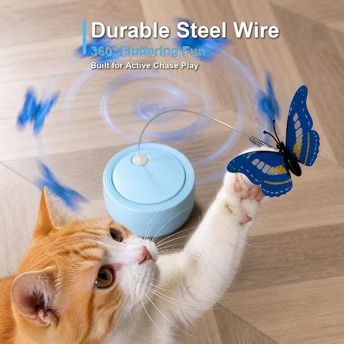 Flutter Butterfly Kitten Enrichment Toy, Interactive Spinning Cat Toy with Touch Sensor, 360° Rotating Butterfly, Indoor Boredom Relief Play Toy for Small Medium Large Cats, Blue