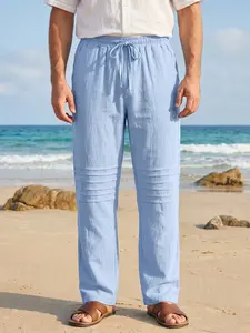 Men's Modern Linen Pants, Ultra-Lightweight Breathable Beach Trousers, 95% Premium Linen, Loose Fit, Pleated Knee, Sky Blue, All Seasons, Casual Beach Pants