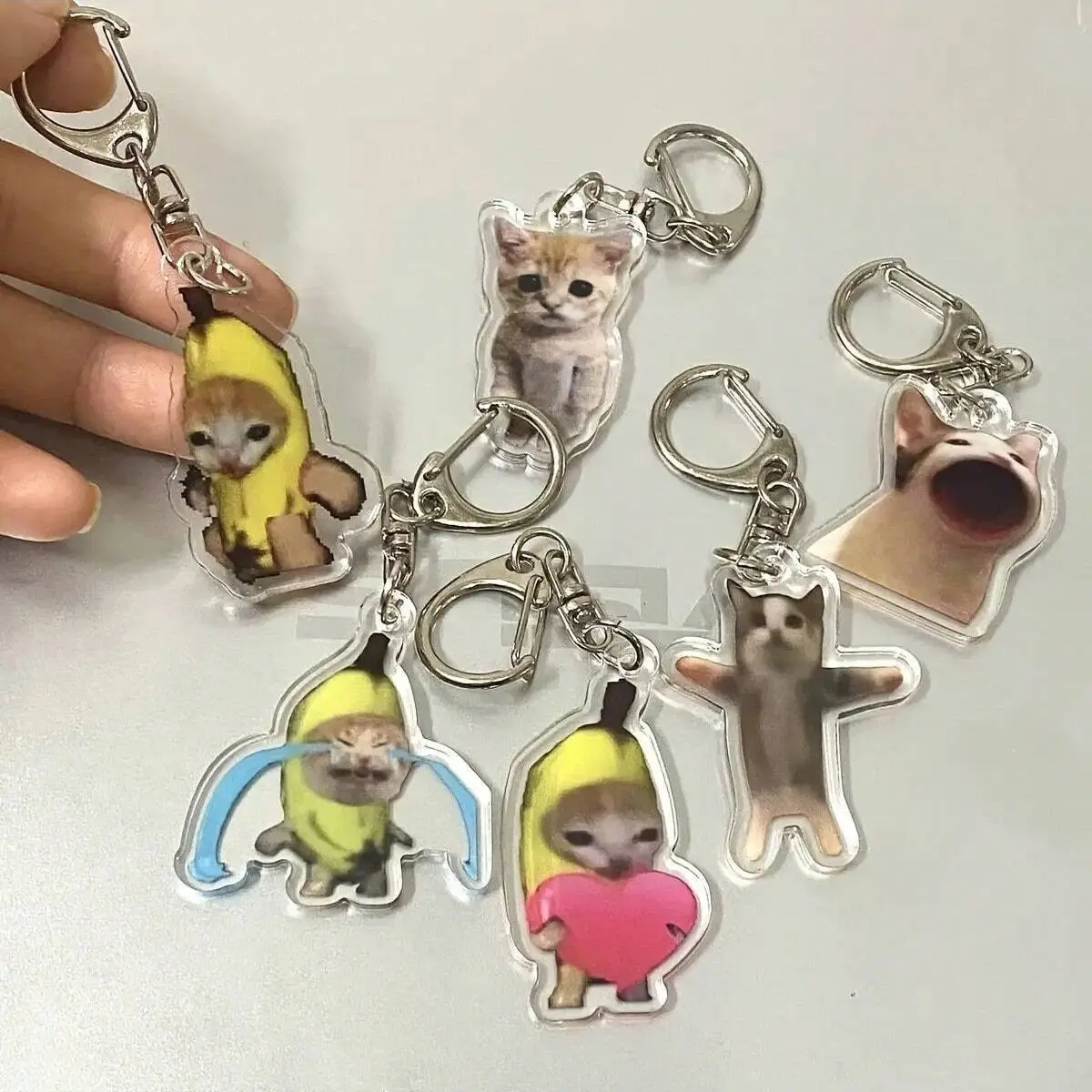 6pcs Cute Crying Banana Cat Keychain, Heart Cat Creative Key Chain, Trendy Cute Keychain, Backpack Hanging Decoration, Birthday Gift, Party Favors, Keychain Set, Keychain Kawaii