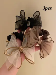Elegant Women's Hair Accessories Set, 3-Piece Mesh Bow Clips with Rhinestones, Elastic Hair Bands, Scrunchies for Hair, Perfect for Styling & Updos