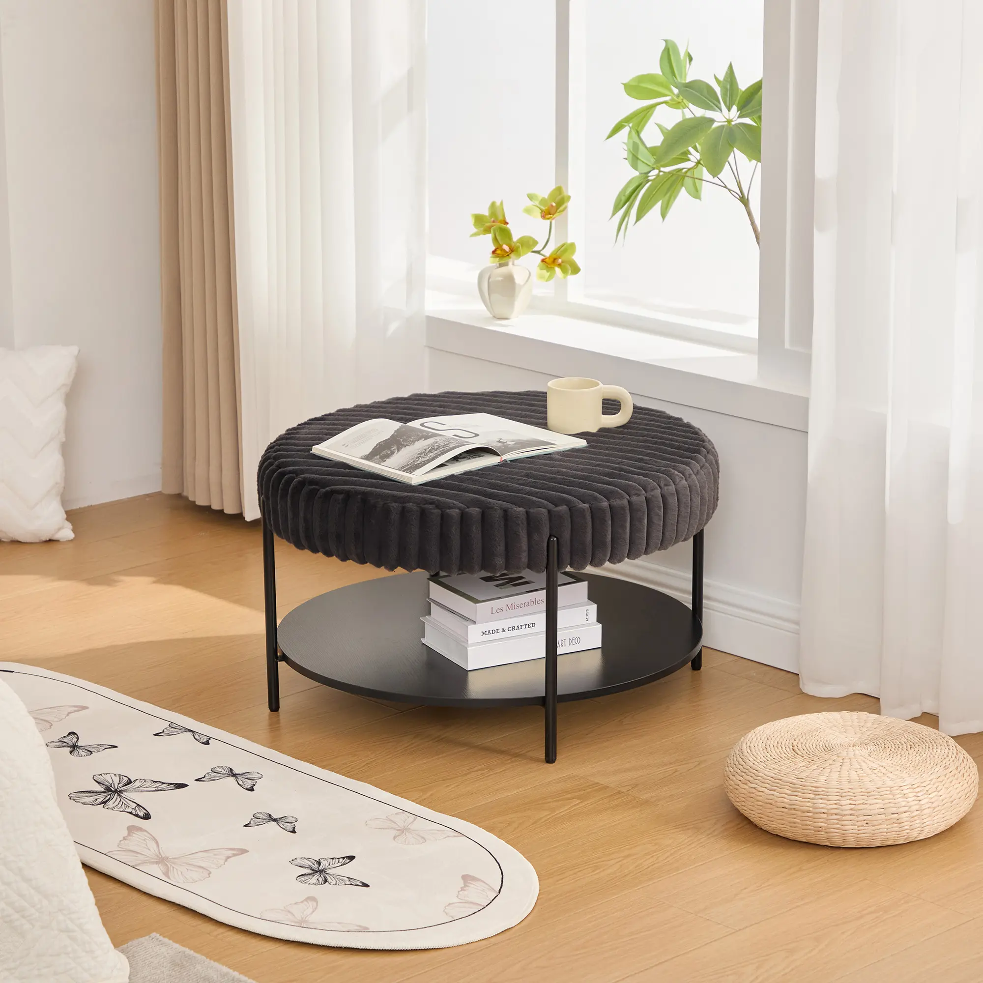 Round Upholstered Ottoman Coffee Table with Storage Shelf, soft plush Foot Rest Stool with Black Metal Legs, Wooden Open Shelf, Footstool for Living Room Bedroom Entryway Hotel, Charcoal, 30.9 Inch Wide