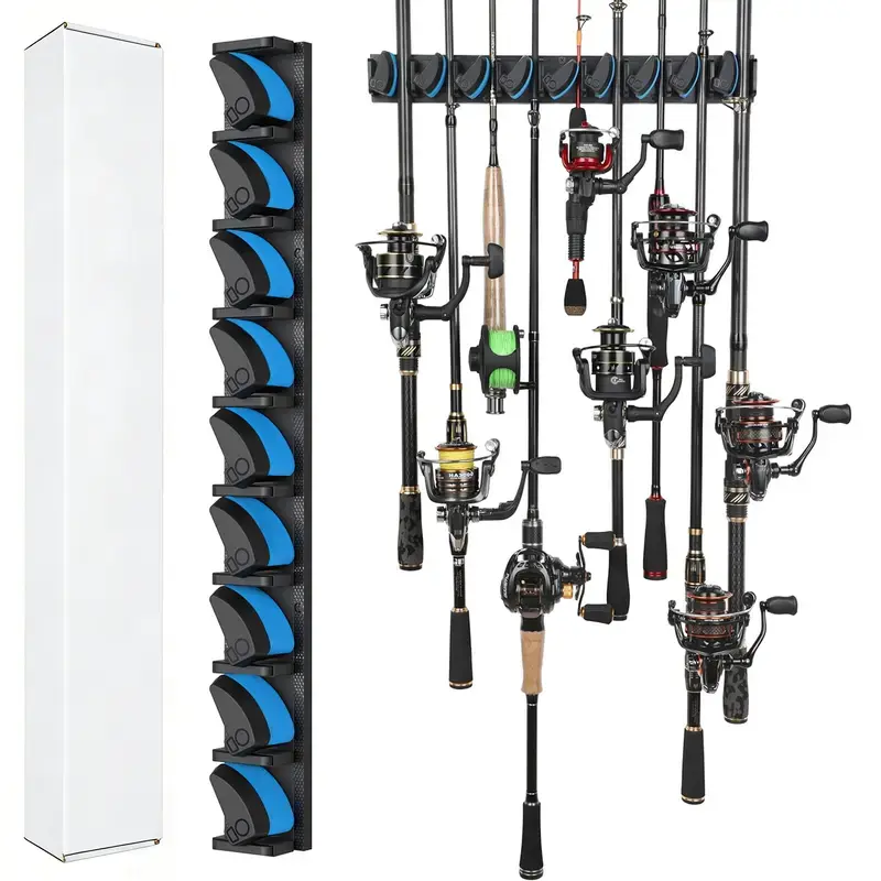 Vertical Fishing Rod Holder, Wall Mounted Fishing Rod Rack, Fishing Pole Holder Holds Up to 9 Rods or Combos, Fishing Rod Holders for Garage, Fits Most Rods of Diameter 3-19mm fish gear gift profishing