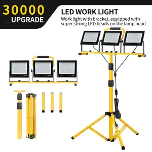 30, 000-LM 3-Head LED Work Light, 100W Each, With Telescopic Tripod Stand, Portable Job Site Lighting, 360° Rotatable, For Outdoor Construction, Garage, Yard