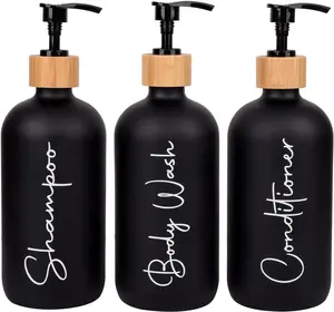Shampoo and Conditioner Pump Soap Dispenser Bamboo Pump Head Empty Refillable Shampoo Conditioner Body Wash Soap for, 17 oz, 3 Pack, Black