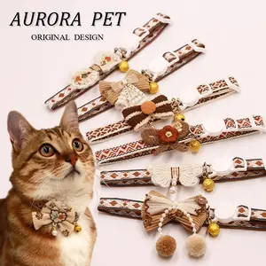 Breakaway Brown Cat Collar, Lace Bow Tie with Beaded Charm & Bell, Safety Buckle Kitten Necklace