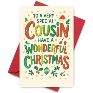 1PC Colorful Christmas Greeting Card, Special Cousin Festive Typography Design, "To a Very Special Cousin Have a Wonderful Christmas" Card, Perfect for Cousins Holiday Season Warm Wishes, Positive Message Card