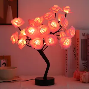 Rose Flower Tree Lamp - LED Rose Tree Table Lamp USB/Battery Powered Artificial Flower Night Light for Bedroom Living Room Wedding Birthday (Pink)