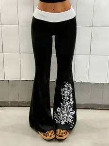 Women's Vintage Floral Print Knit Flare Pants, Casual Loose-Fitting Elastic Waist Long Pants, Bohemian Bottoms, Y2K Aesthetic Spring New Arrival