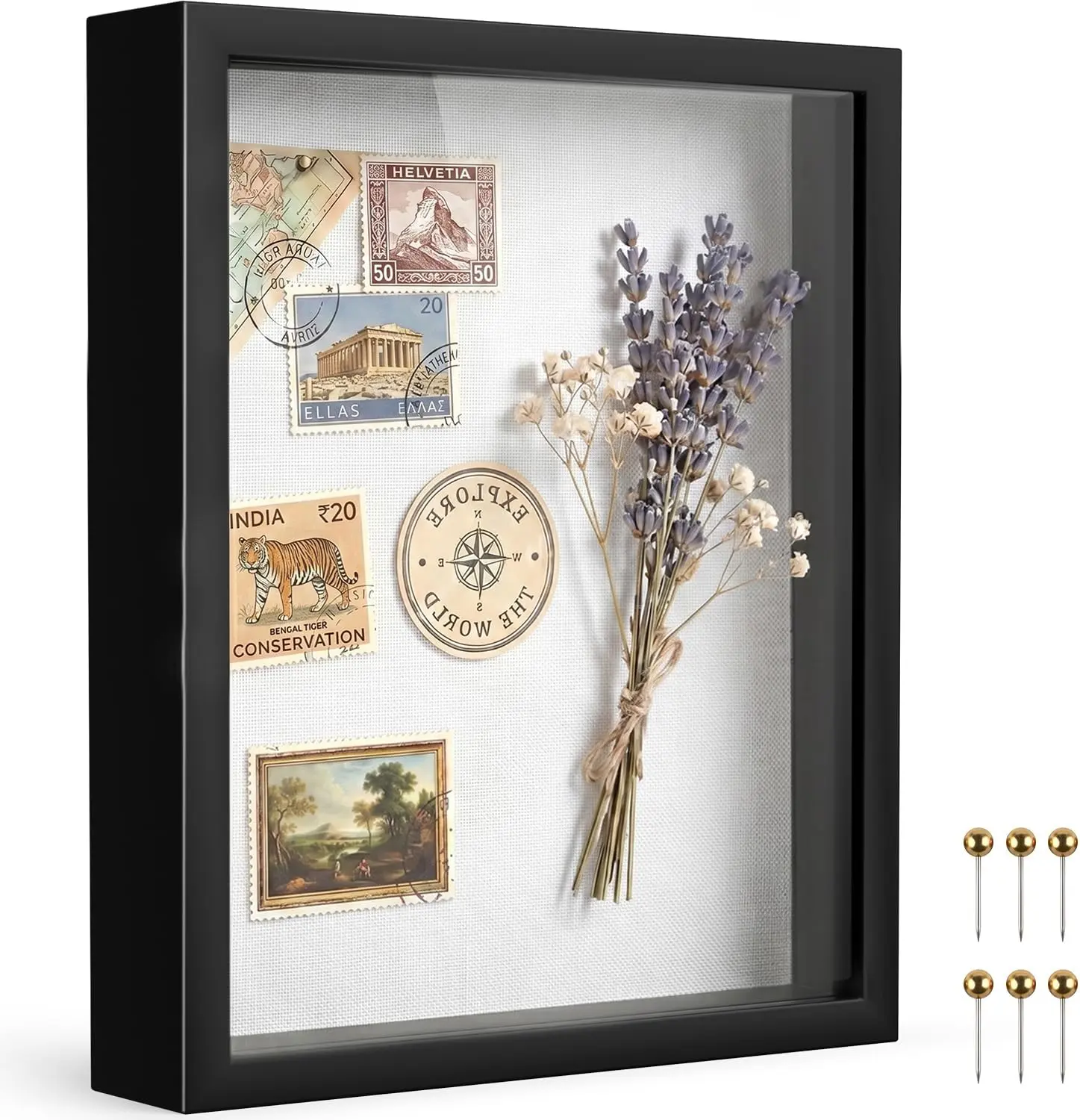 Black 8×10 Shadow Box Display Frame, Premium Linen Backboard and Included Phpins, Plexiglass Memory Box