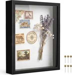Black 8×10 Shadow Box Display Frame, Premium Linen Backboard and Included Phpins, Plexiglass Memory Box