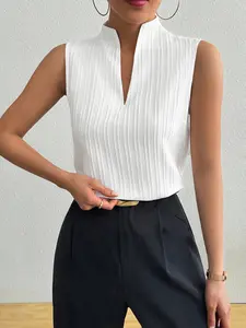 Women's Sleeveless Stand Collar Shirt Blouse, Elegant Slim Fit Textured Design, Summer Office Commute Wear, Versatile Daily Top