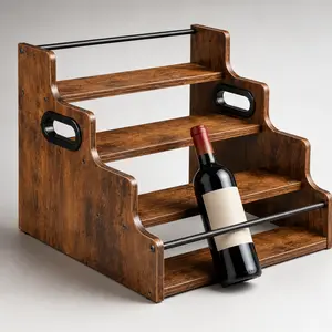 3/4-Tier Wooden Wine Rack Countertop Organizer, Rustic Wood Bottle Display Shelf with Handles and Metal Safety Bar, Multi-Purpose Home Bar Storage Rack for Wine, Whiskey, Kitchen, Living Room, Cabinet，