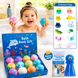 12 Pack Kids Bath Bomb Gift Set with Surprise Summer Bath Time Fun Gentle Organic Formula for Baby with Ocean Toys and Bonus Octopus Toy