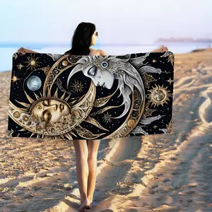 [Beach Towel] Sun and Moon Psychedelic Art Beach Towel - Premium Microfiber Digital Print Design, Ultra-Soft and Quick-Dry Aesthetic Bohemian Tapestry Style Bath Towel for Summer Vacation, Poolside, Travel – Durable Vivid Colors Fade-Resistant 1pc