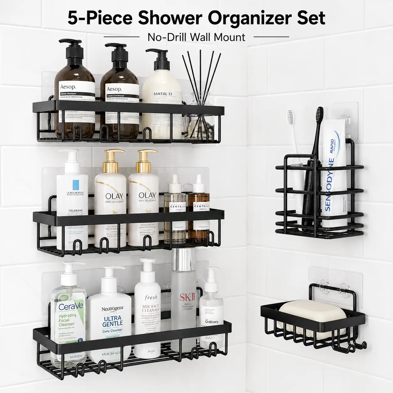 5 Tier Shower Caddy Organizer Set, Self Adhesive Bathroom Shelves with Hooks, No Drilling Shower Storage Rack for Shampoo Soap Razor Toothbrush, Rust Resistant Wall Mounted Bathroom Organizer for Home Apartment RV