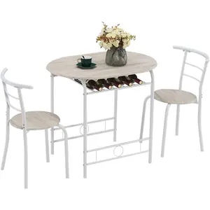3 Piece Dining Set,Small Kitchen Table Set for 2,Breakfast Table Set,Kitchen Wooden Table and 2 Chairs for Small Space/Dining Room/Apartment,Metal Frame,Wine Rack,White&Light Oak