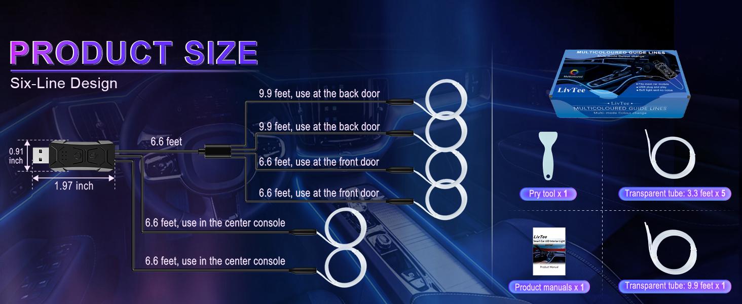 LivTee Smart Car LED Interior Lights with USB Port, LED Strip Fiber Optic Lights, Wireless App Control, Sync to Music, Car Accessories Gifts for Women and Men, 5 in 1