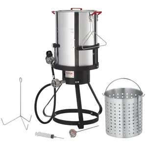 summervibes 30-qt Multifunctional Cooker Turkey Deep Fryer Boiler Steamer Set, Outdoor Aluminum Deep Frying Pot with 54000 BTU Gas Burner, High-Stability Fryer with Basket Kit Including Perforated Poultry Rack, Thermometer, Plastic Handles, Triangular Hoo