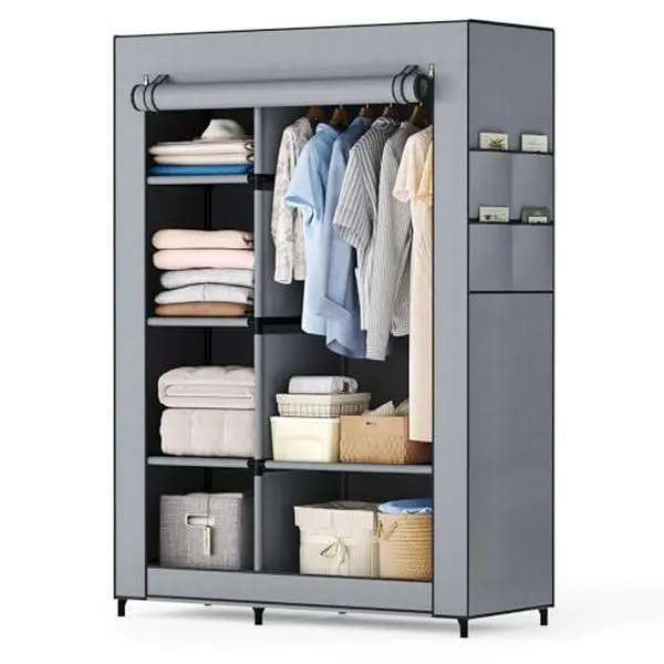Wardrobe Closet,Steel Pipe Diameter 19mm,Portable Closet for Bedroom  Strong and Sturdy Portable Closets for Hanging Clothes with 3 Hanging rods, 6 Storage Shelves and Side Pockets Portable wardrobe with a lid, a portable wardrobe for storing clothes