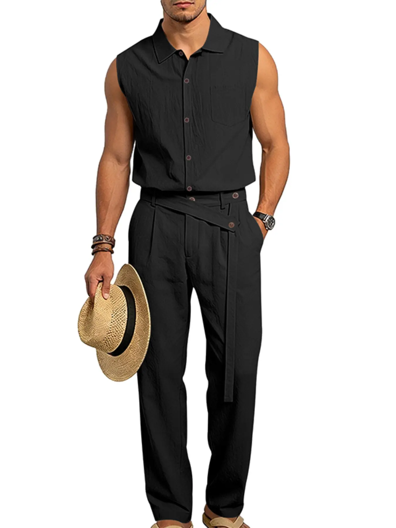 Summer Men's Solid Color Linen Sleeveless Collared Top + Pleated Waist Belted Pants Set Outfit, Classic Loose Breathable Vacation Style, Casual for Daily Wear Clothes