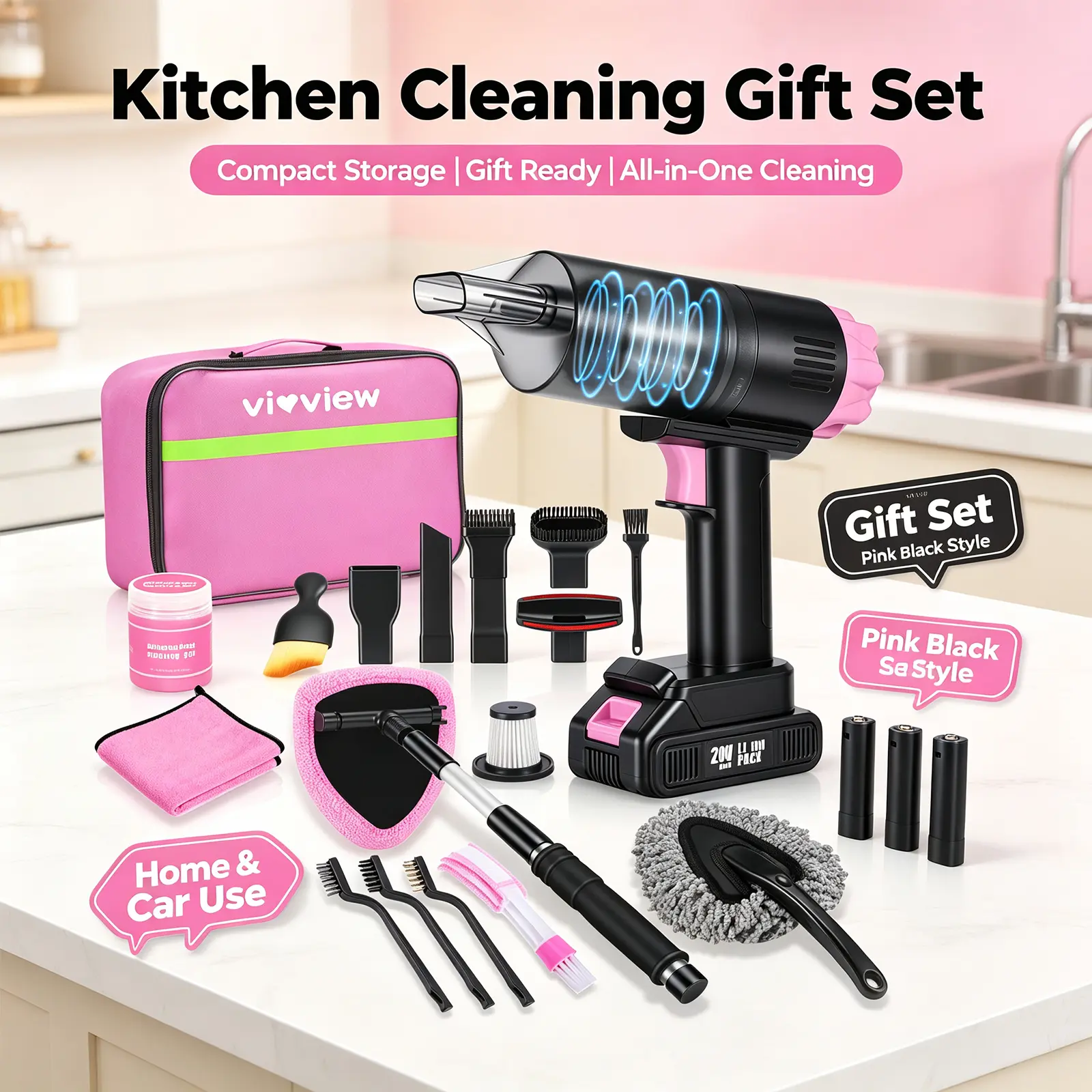 Pink Kitchen All-in-1 Cleaning Gift Set with 20000PA High-Power Cordless Vacuum Cleaner, Glass & Counter Cleaner, Cleaning Gel, Multiple Tools - Ideal for Home Office, Adult Gifts, Handheld, All-In-One