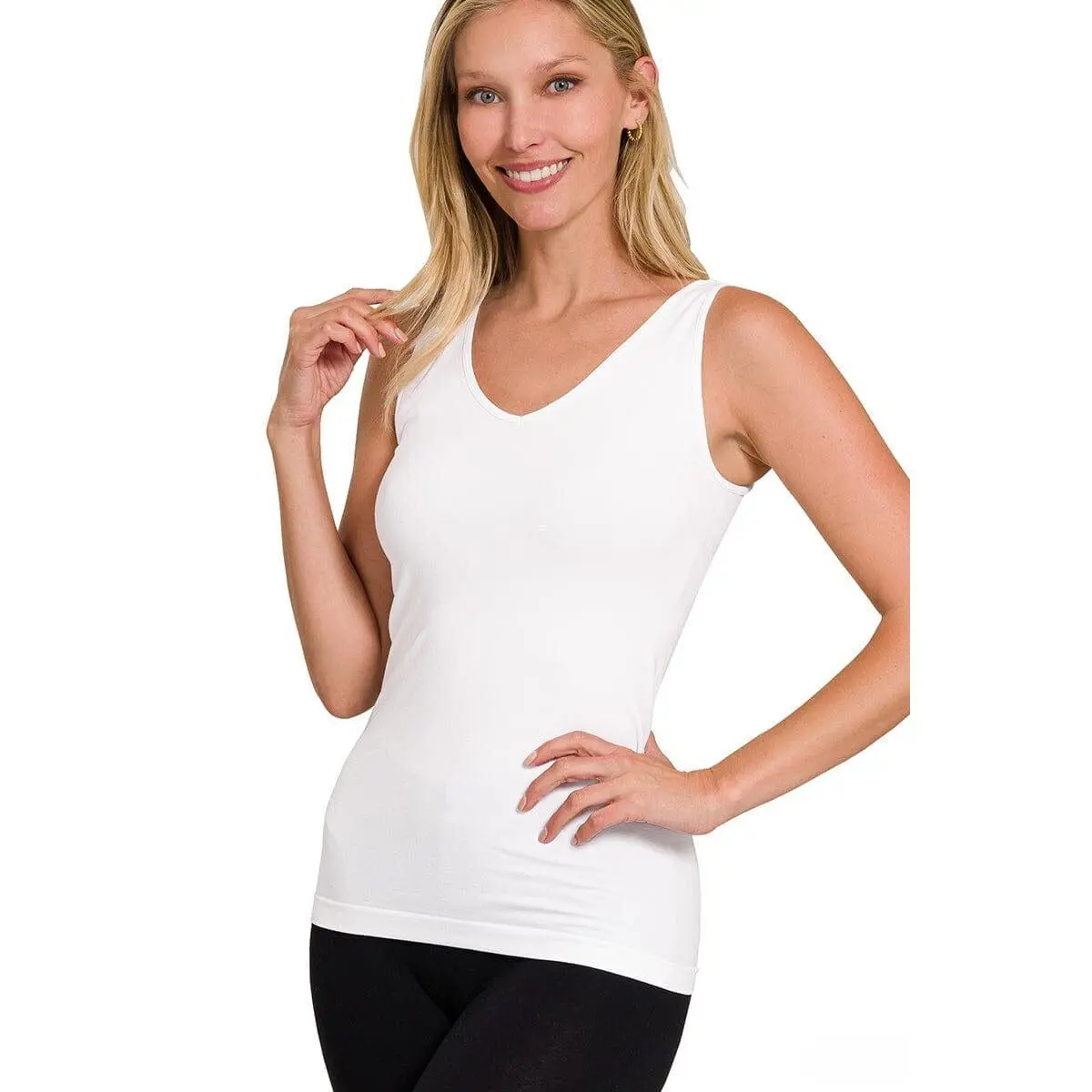 Zenana Front & Back 2-Way V-Neck / U-Neck Seamless Tank, Fabric, Spandex, Two Ways Wear