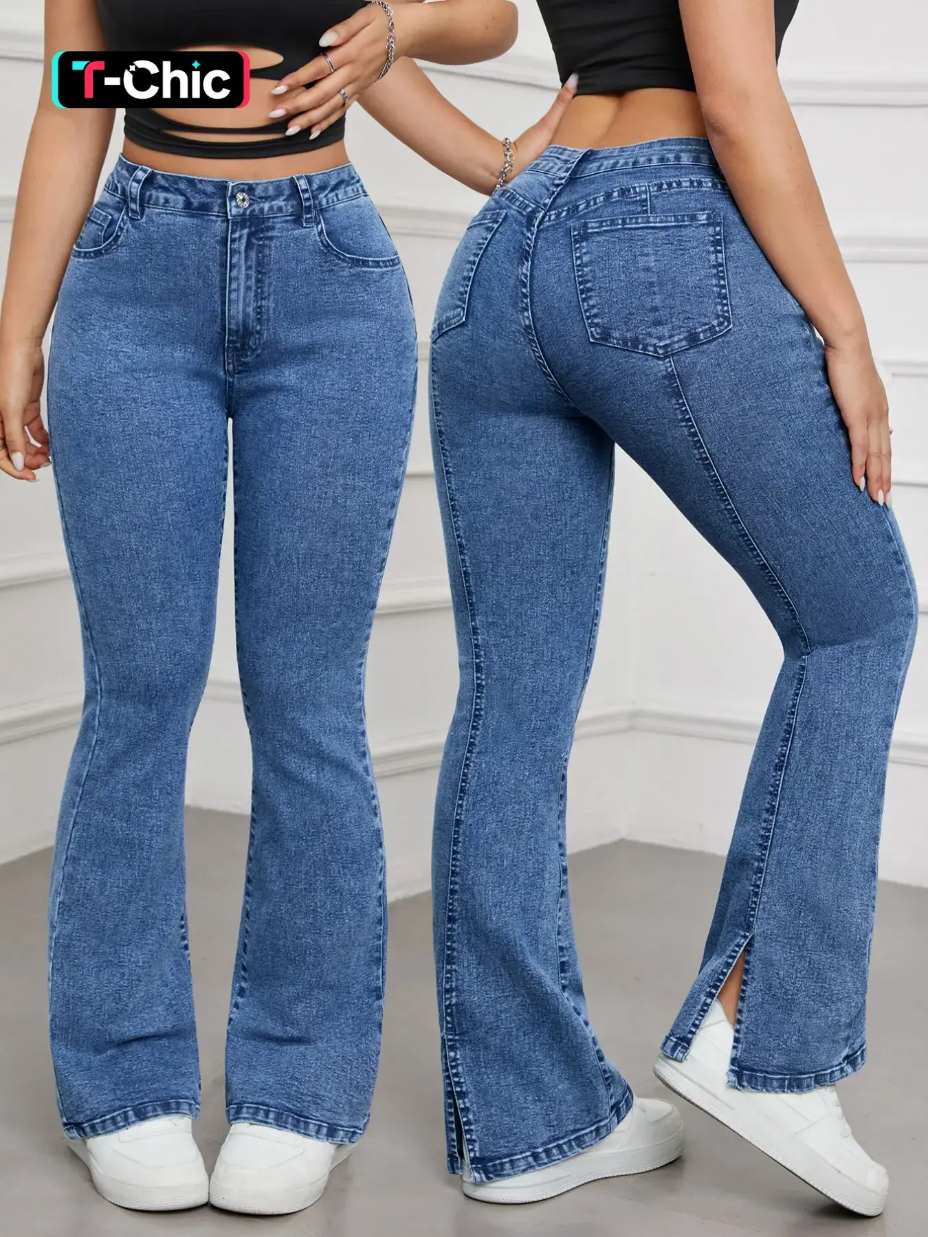 Women's Denim Split Thigh Tight-Fitting Comfortable Long Pants, Spring Summer Fashion Casual Elegant Flared High Waist High Rise High Waisted Flare Bootcut Jeans, Versatile Stylish Ladies' Trousers