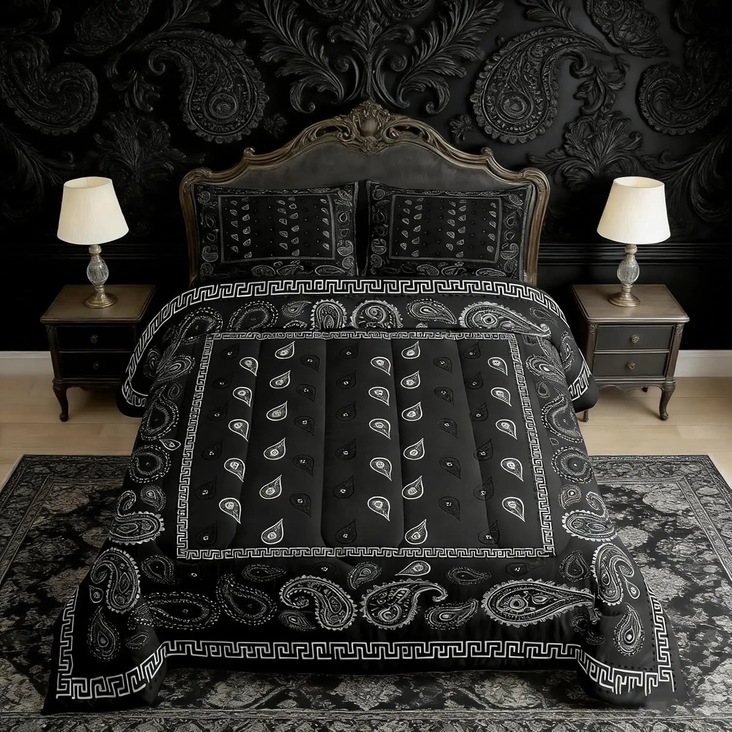 Black Bandana Comforter Set,Bohemian Paisley Bandanas Bedding Set,Boho Chic Floral Down Comforter for All Season,Women Man Room Decor,,No Sheets
