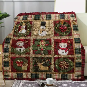 Cozy Vintage Christmas Wreath & Snowman Plaid Flannel Blanket - Soft, Warm Throw for Couch, Bed, Car, Office, Camping - Versatile All-Season Gift
