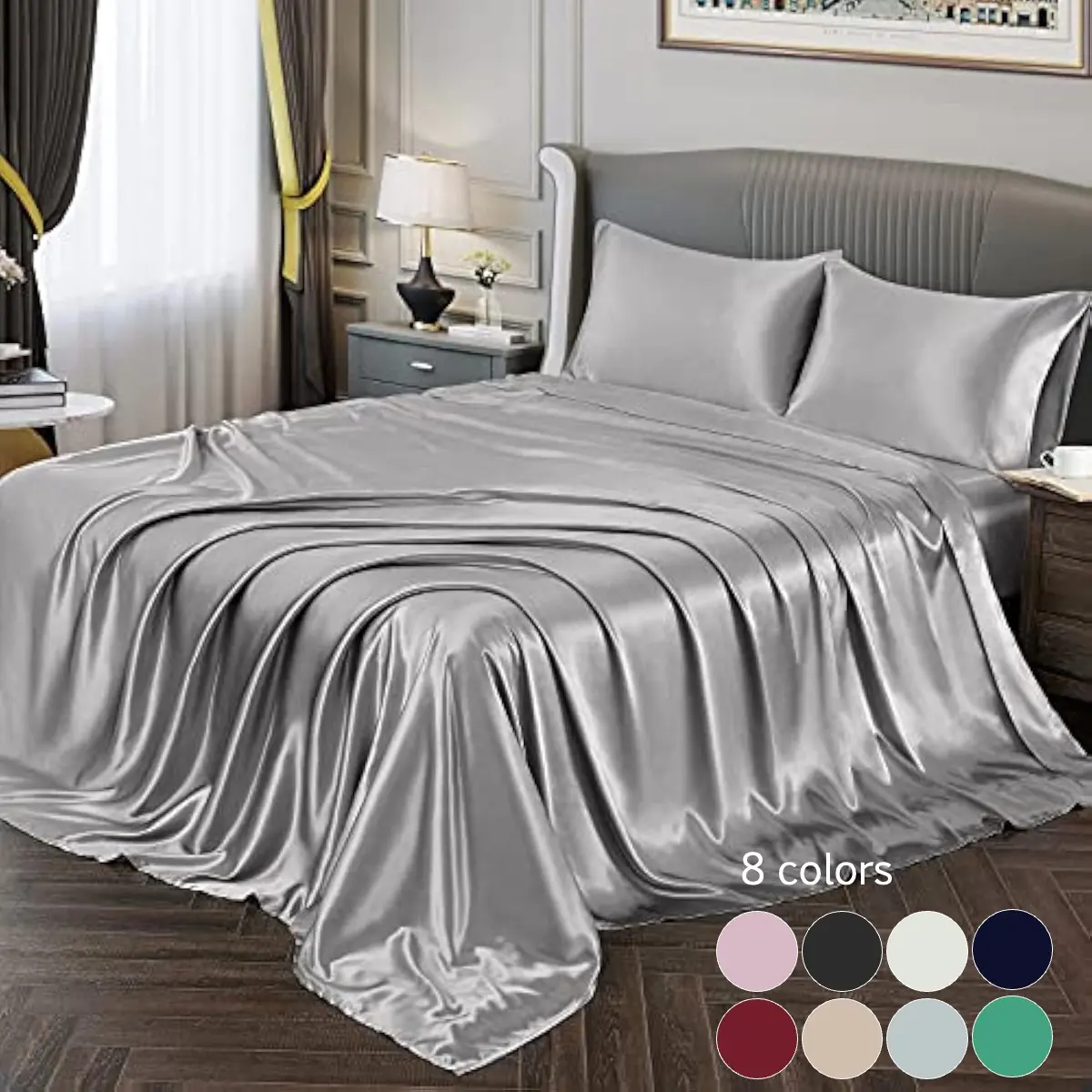 Solid Color Satin 4-Piece Fitted Sheet Set, Soft Comfy Bedding Sets, Soft & Skin-Friendly Satin Bed Sheets, Includes 1 Flat Sheet, 1 Mattress Cover, 2 Pillowcases, Ideal for Bedroom, Dorm, Hotel, Available in Twin/Full/Queen/King Sizes